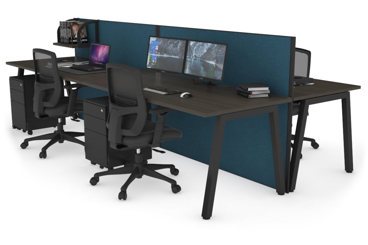Horizon Quadro 4 Person Bench A Leg Office Workstations [1400L x 800W with Cable Scallop] Jasonl black leg dark oak deep blue (1200H x 2800W)