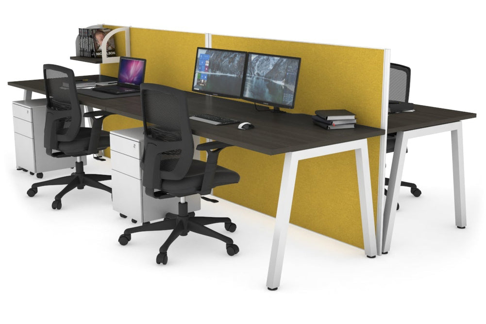 Horizon Quadro 4 Person Bench A Legs Office Workstation [1400L x 800W with Cable Scallop]-white leg dark oak mustard yellow (1200H x 2800W)