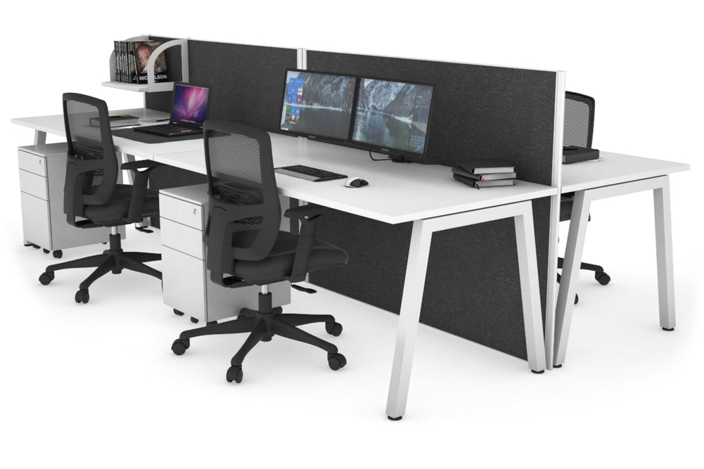 Horizon Quadro 4 Person Bench A Legs Office Workstation [1400L x 800W with Cable Scallop]-white leg white moody charcoal (1200H x 2800W)