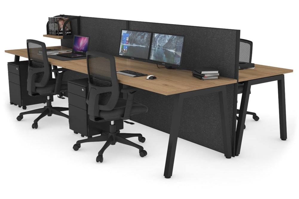 Horizon Quadro 4 Person Bench A Legs Office Workstation [1400L x 800W with Cable Scallop]-black leg salvage oak moody charcoal (1200H x 2800W)