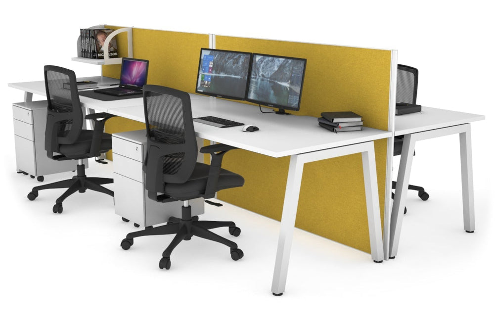 Horizon Quadro 4 Person Bench A Legs Office Workstation [1400L x 800W with Cable Scallop]-white leg white mustard yellow (1200H x 2800W)