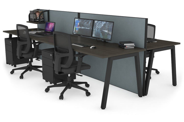 Horizon Quadro 4 Person Bench A Leg Office Workstations [1400L x 800W with Cable Scallop] Jasonl black leg dark oak cool grey (1200H x 2800W)