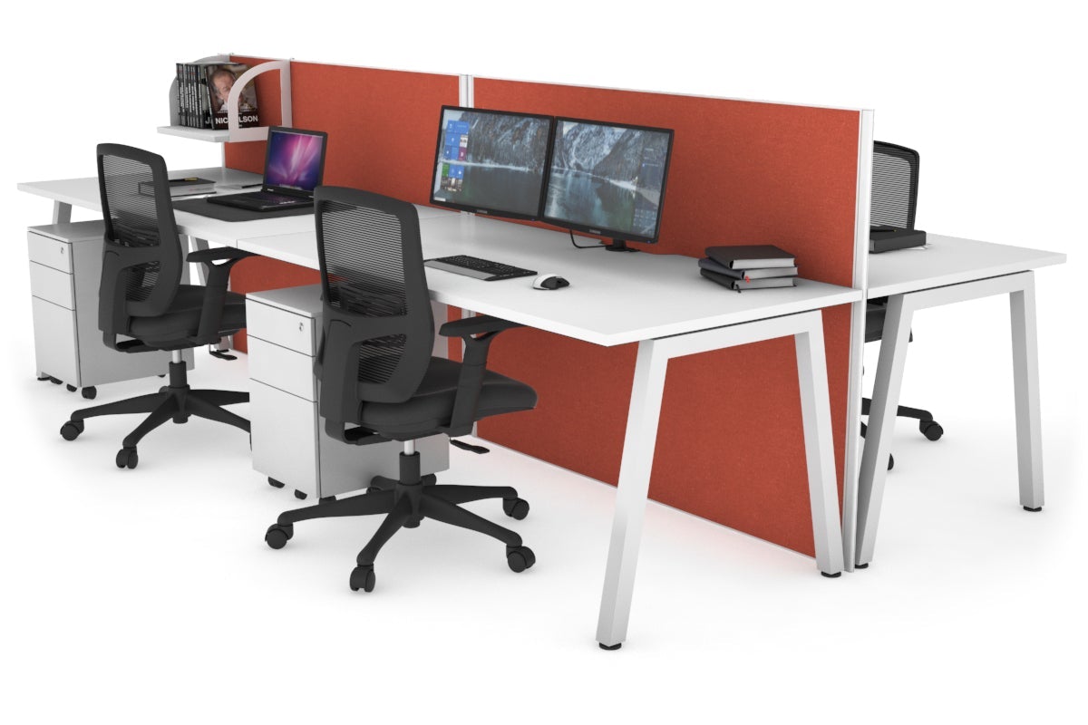 Horizon Quadro 4 Person Bench A Leg Office Workstations [1400L x 800W with Cable Scallop] Jasonl white leg white orange squash (1200H x 2800W)