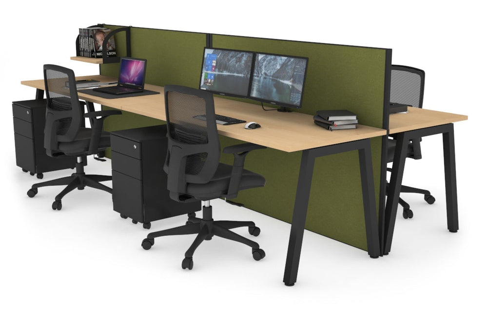 Horizon Quadro 4 Person Bench A Legs Office Workstation [1600L x 700W]-black leg maple green moss (1200H x 3200W)