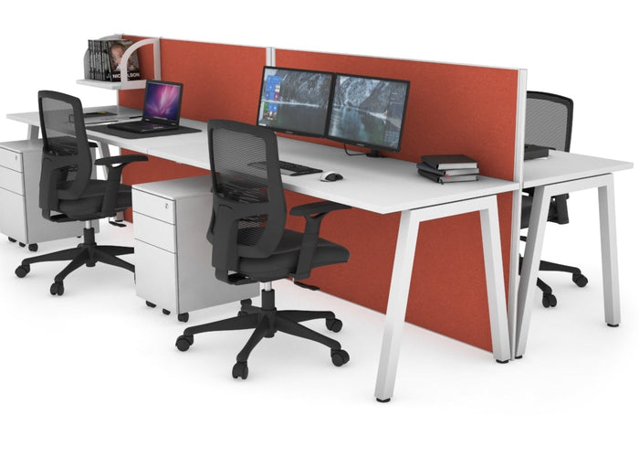 Horizon Quadro 4 Person Bench A Leg Office Workstations [1600L x 700W] Jasonl white leg white orange squash (1200H x 3200W)
