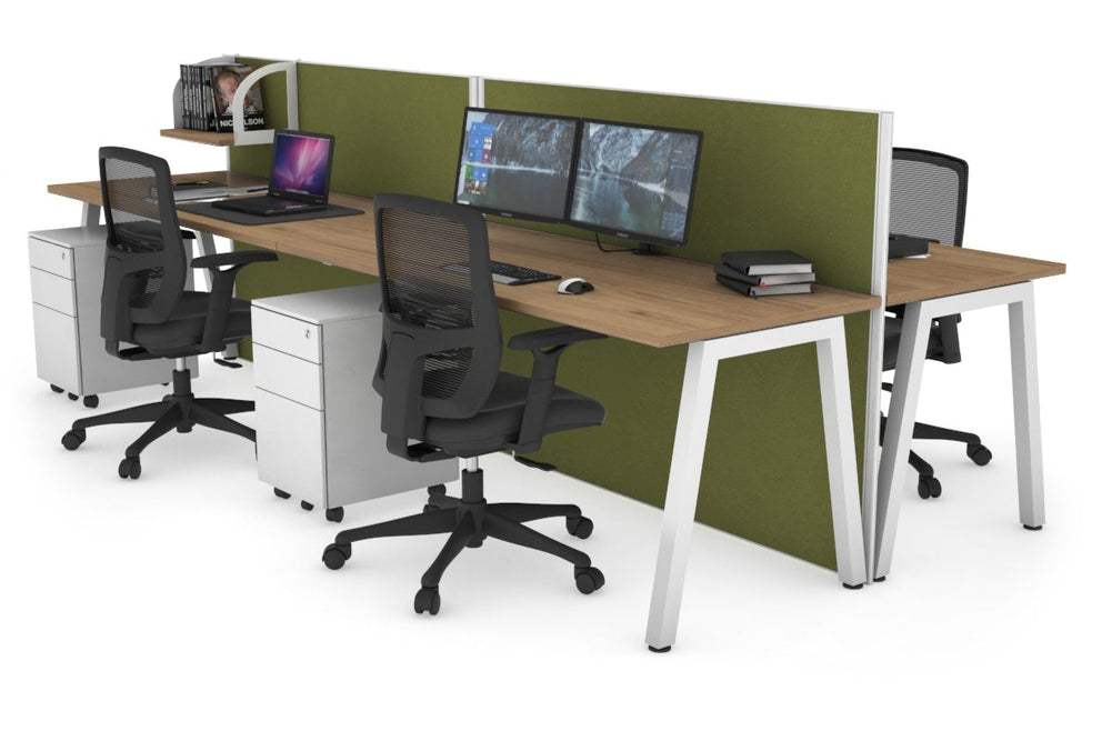 Horizon Quadro 4 Person Bench A Legs Office Workstation [1600L x 700W]-white leg salvage oak green moss (1200H x 3200W)