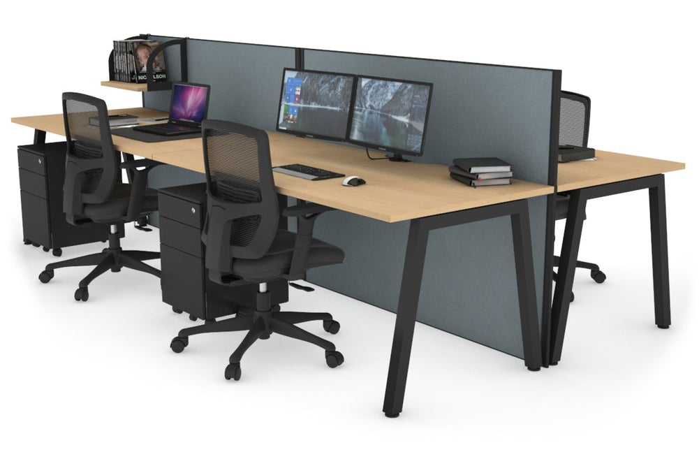 Horizon Quadro 4 Person Bench A Legs Office Workstation [1600L x 800W with Cable Scallop]-black leg maple cool grey (1200H x 3200W)