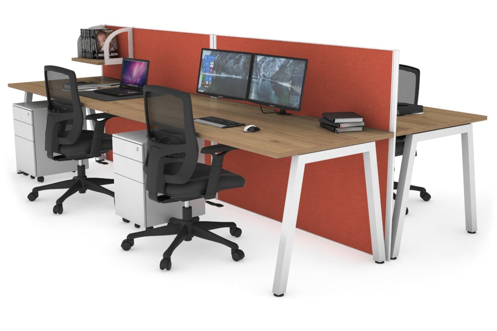 Horizon Quadro 4 Person Bench A Legs Office Workstation [1600L x 800W with Cable Scallop]-white leg salvage oak orange squash (1200H x 3200W)