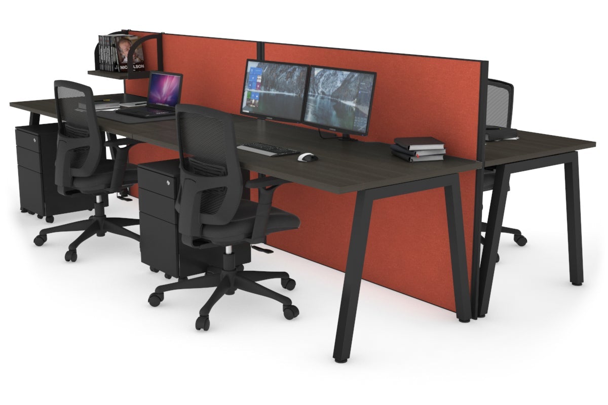 Horizon Quadro 4 Person Bench A Leg Office Workstations [1600L x 800W with Cable Scallop] Jasonl black leg dark oak orange squash (1200H x 3200W)