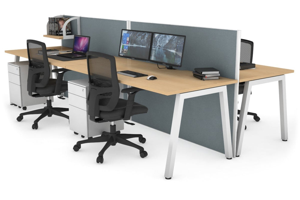 Horizon Quadro 4 Person Bench A Legs Office Workstation [1600L x 800W with Cable Scallop]-white leg maple cool grey (1200H x 3200W)