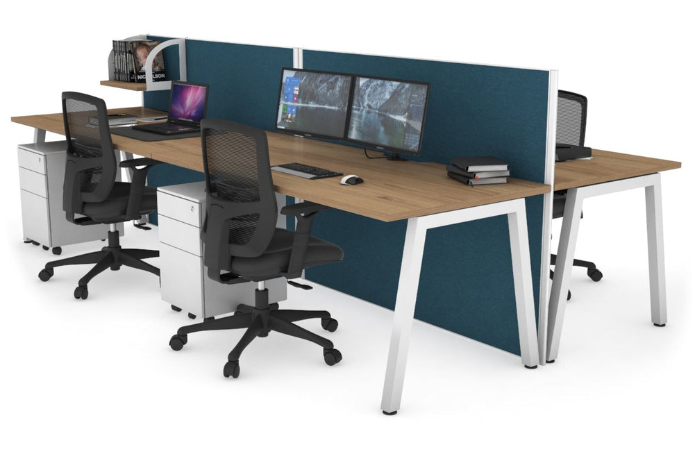 Horizon Quadro 4 Person Bench A Legs Office Workstation [1600L x 800W with Cable Scallop]-white leg salvage oak deep blue (1200H x 3200W)