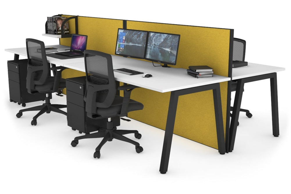 Horizon Quadro 4 Person Bench A Legs Office Workstation [1600L x 800W with Cable Scallop]-black leg white mustard yellow (1200H x 3200W)