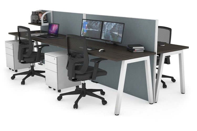 Horizon Quadro 4 Person Bench A Leg Office Workstations [1800L x 700W] Jasonl white leg dark oak cool grey (1200H x 3600W)