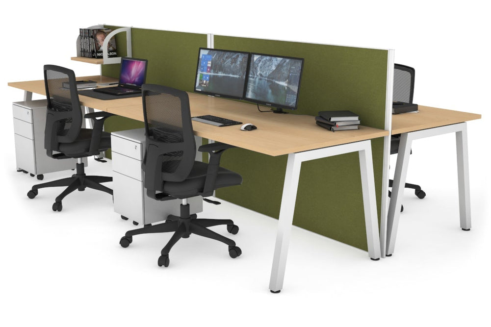 Horizon Quadro 4 Person Bench A Legs Office Workstation [1800L x 800W with Cable Scallop]-white leg maple green moss (1200H x 3600W)