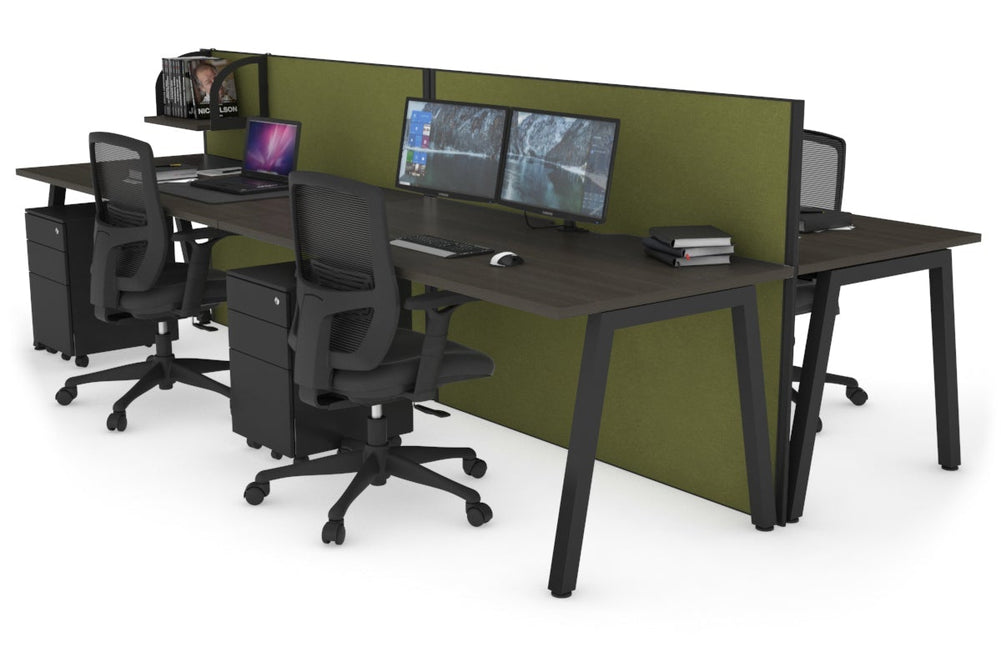 Horizon Quadro 4 Person Bench A Legs Office Workstation [1800L x 800W with Cable Scallop]-black leg dark oak green moss (1200H x 3600W)