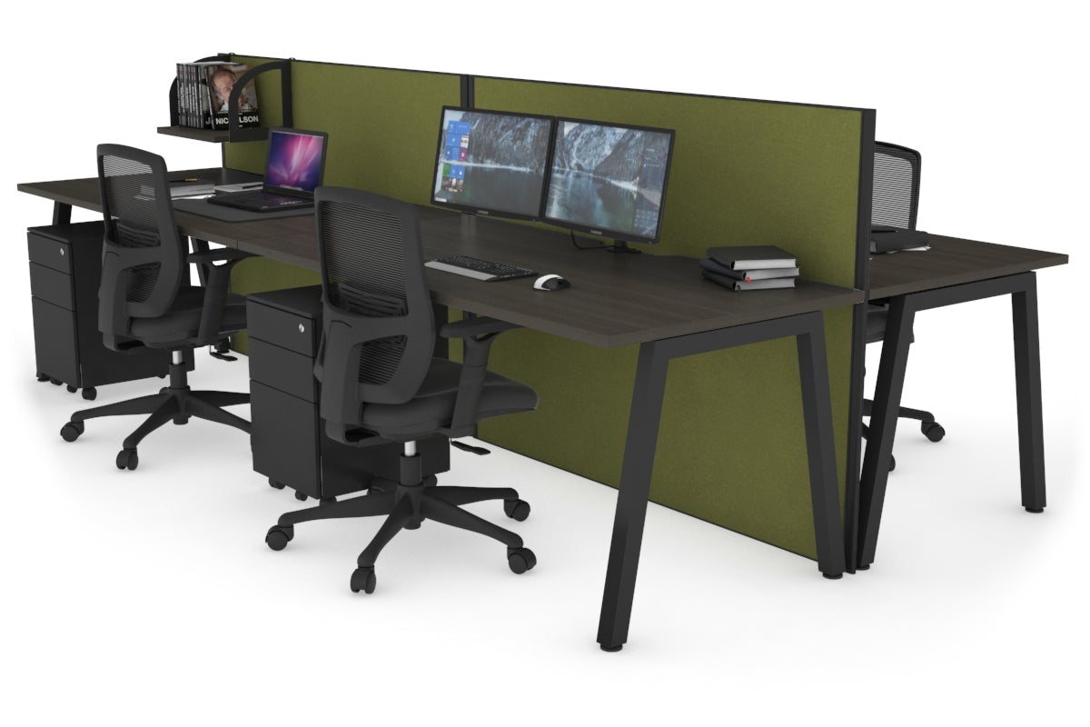 Horizon Quadro 4 Person Bench A Leg Office Workstations [1800L x 800W with Cable Scallop] Jasonl black leg dark oak green moss (1200H x 3600W)