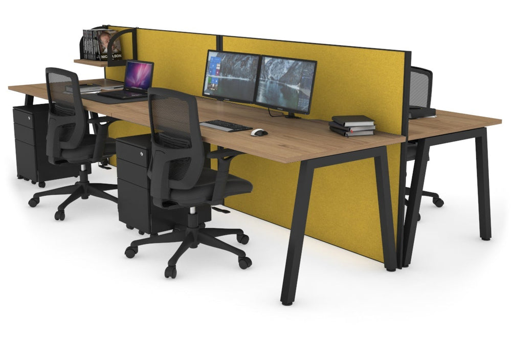 Horizon Quadro 4 Person Bench A Legs Office Workstation [1800L x 800W with Cable Scallop]-black leg salvage oak mustard yellow (1200H x 3600W)