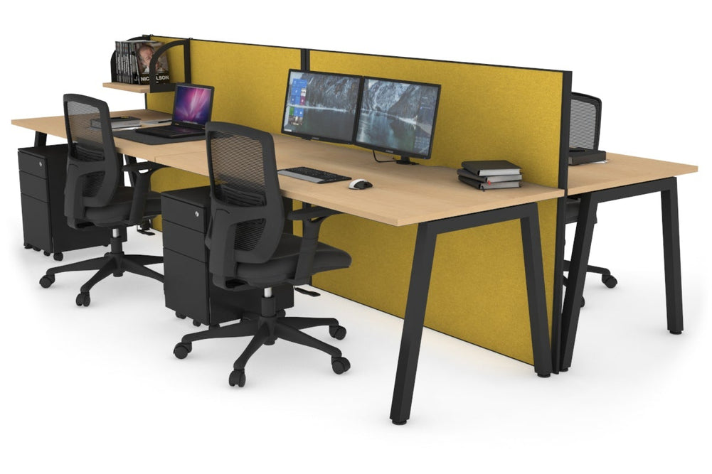 Horizon Quadro 4 Person Bench A Legs Office Workstation [1800L x 800W with Cable Scallop]-black leg maple mustard yellow (1200H x 3600W)