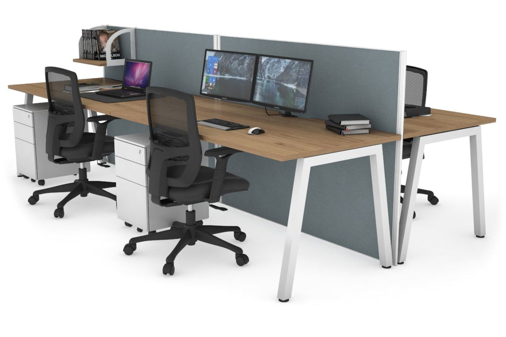 Horizon Quadro 4 Person Bench A Legs Office Workstation [1800L x 800W with Cable Scallop]-white leg salvage oak cool grey (1200H x 3600W)