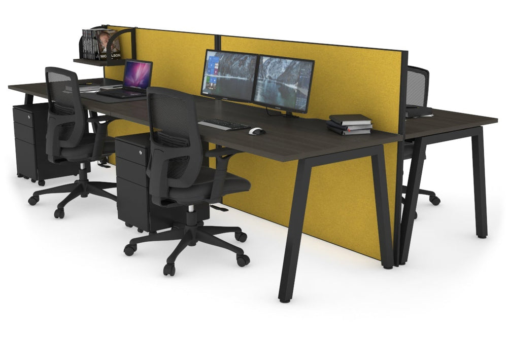 Horizon Quadro 4 Person Bench A Legs Office Workstation [1800L x 800W with Cable Scallop]-black leg dark oak mustard yellow (1200H x 3600W)