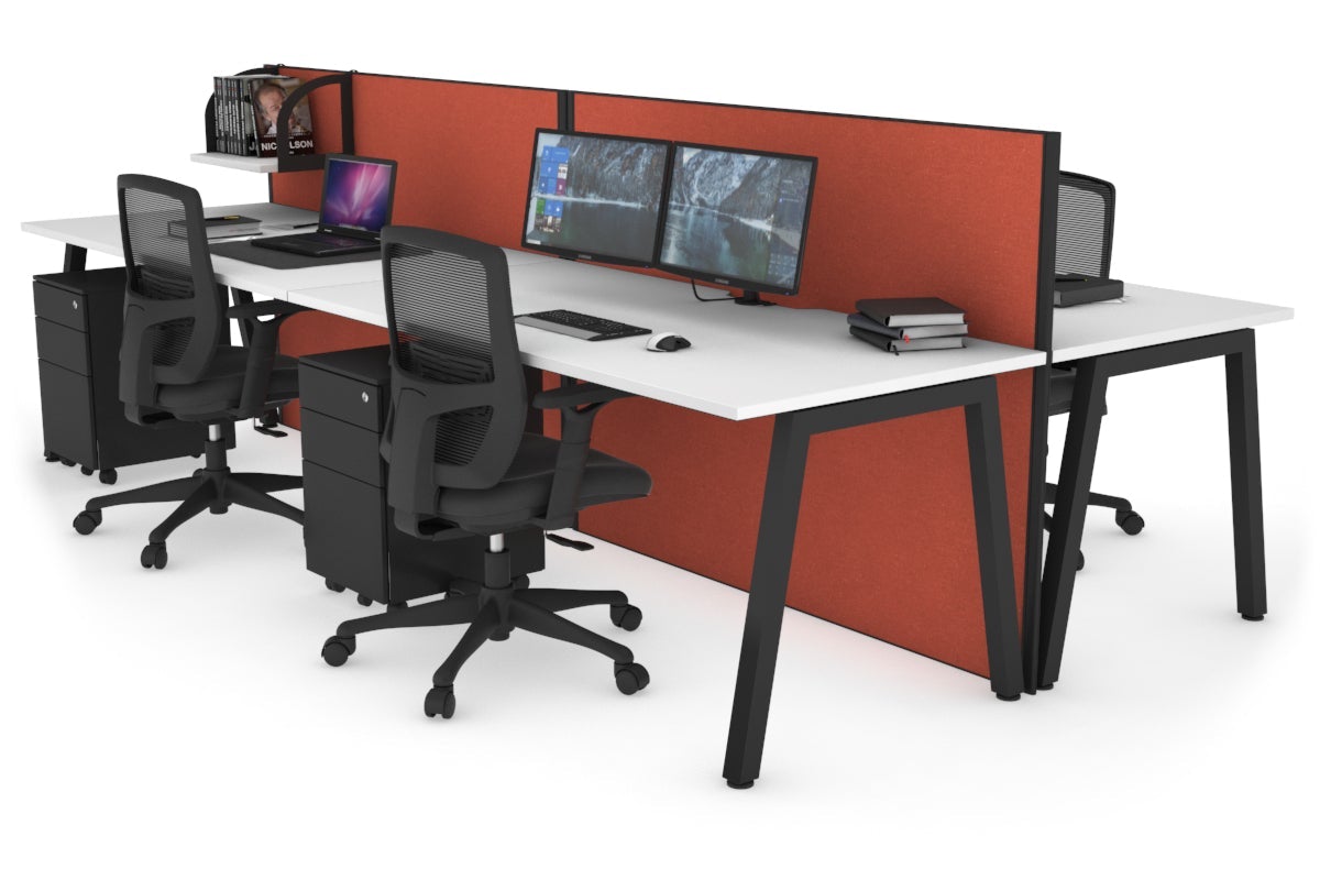 Horizon Quadro 4 Person Bench A Leg Office Workstations [1800L x 800W with Cable Scallop] Jasonl black leg white orange squash (1200H x 3600W)