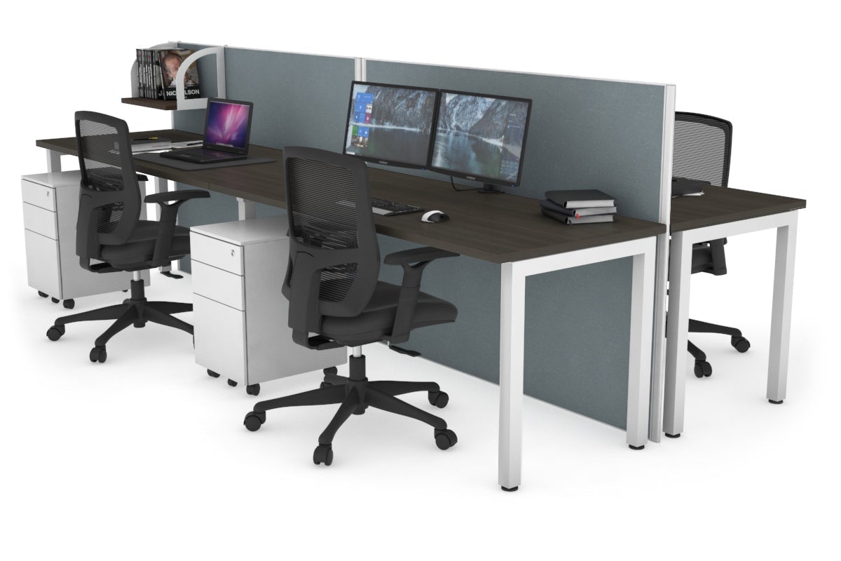 Horizon Quadro 4 Person Bench Square Leg Office Workstations [1200L x 700W] Jasonl white leg dark oak cool grey (1200H x 2400W)