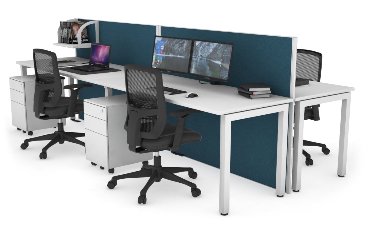Horizon Quadro 4 Person Bench Square Leg Office Workstations [1200L x 700W] Jasonl white leg white deep blue (1200H x 2400W)