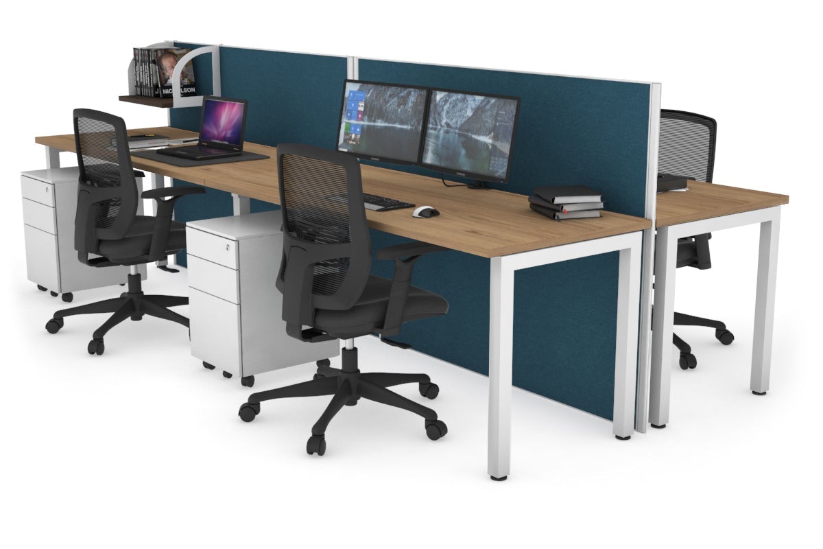 Horizon Quadro 4 Person Bench Square Leg Office Workstations [1200L x 700W] Jasonl white leg salvage oak deep blue (1200H x 2400W)