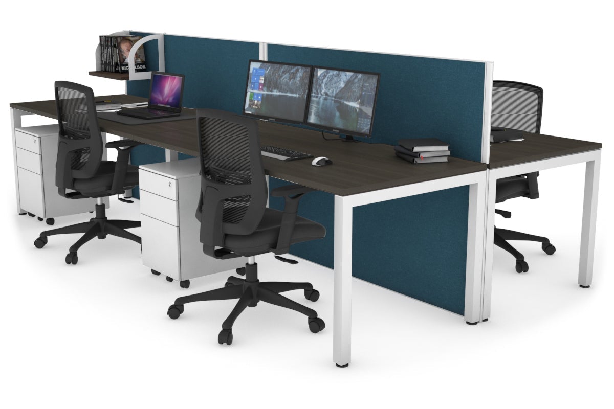 Horizon Quadro 4 Person Bench Square Leg Office Workstations [1200L x 800W with Cable Scallop] Jasonl white leg dark oak deep blue (1200H x 2400W)