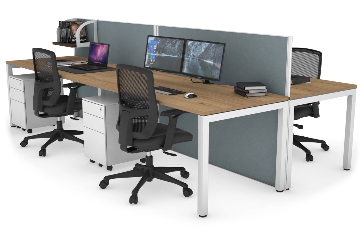Horizon Quadro 4 Person Bench Square Leg Office Workstations [1200L x 800W with Cable Scallop] Jasonl white leg salvage oak cool grey (1200H x 2400W)