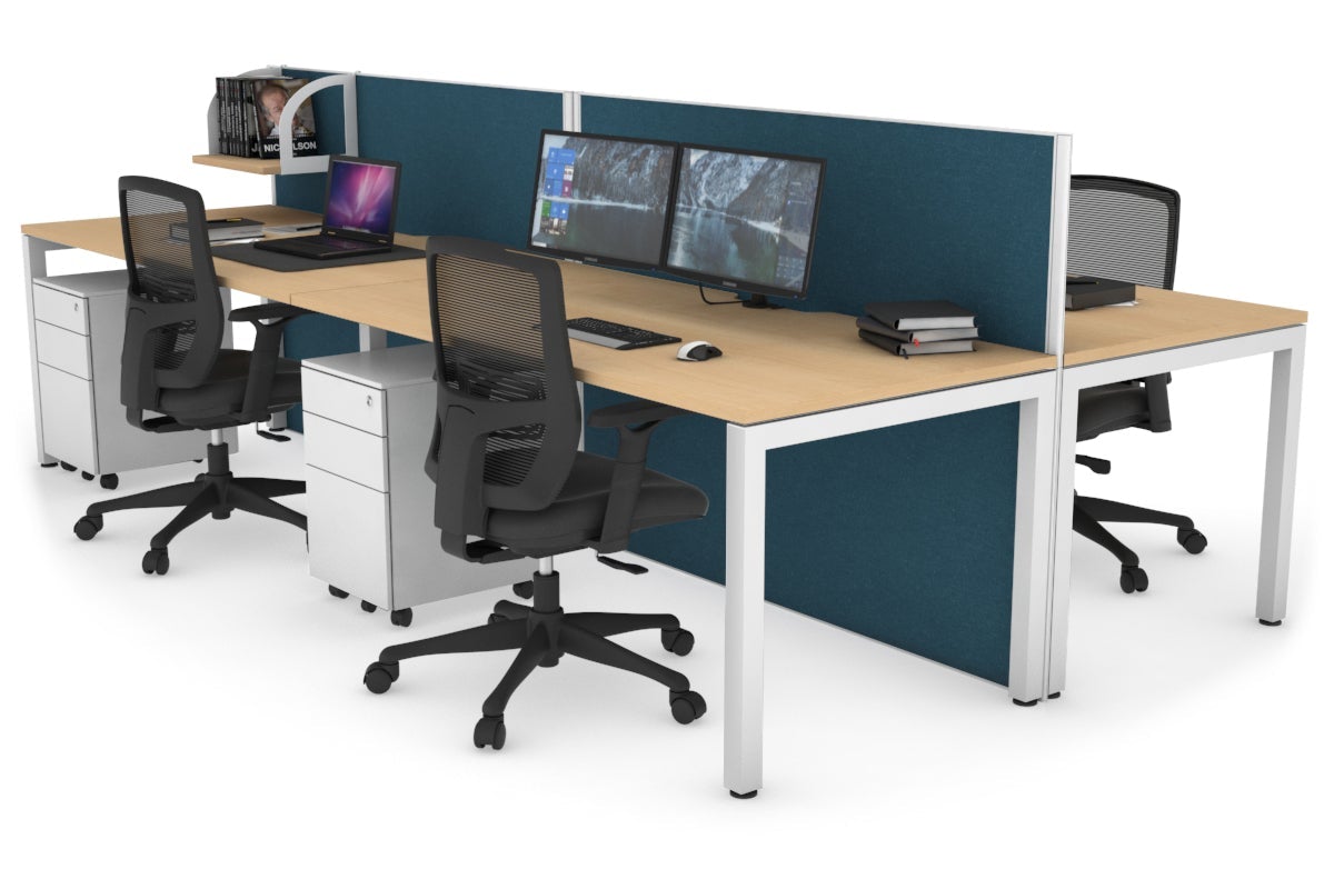 Horizon Quadro 4 Person Bench Square Leg Office Workstations [1200L x 800W with Cable Scallop] Jasonl white leg maple deep blue (1200H x 2400W)