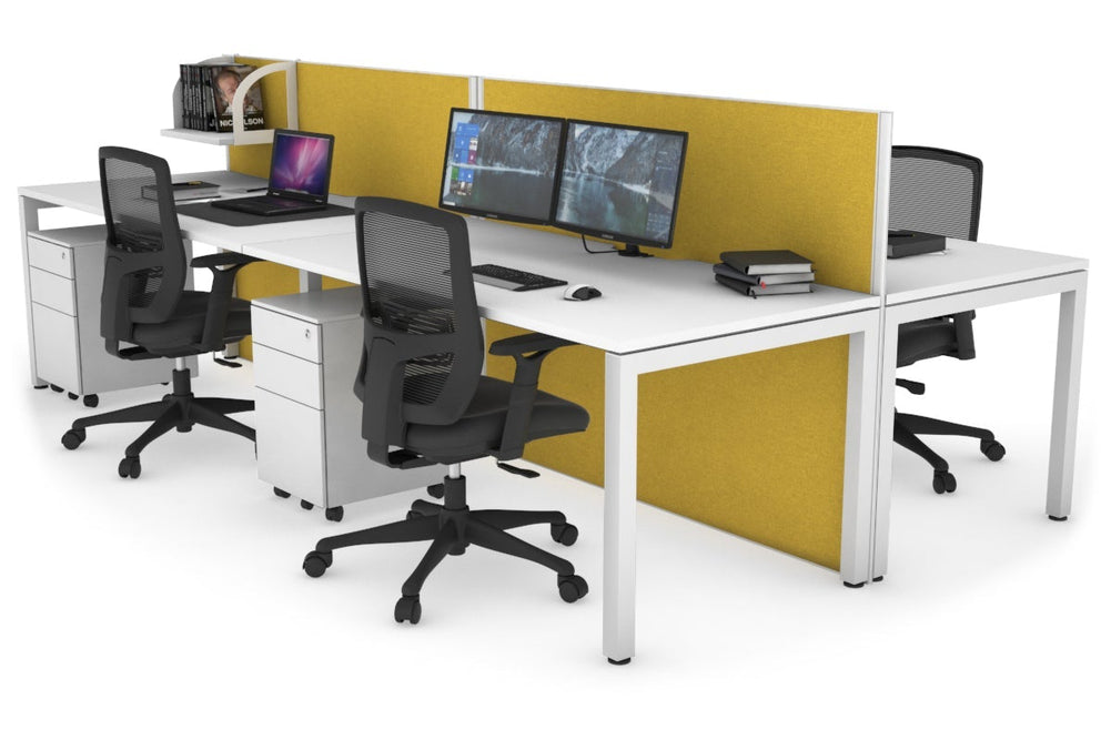 Horizon Quadro 4 Person Bench Square Legs Office Workstation [1200L x 800W with Cable Scallop]-white leg white mustard yellow (1200H x 2400W)