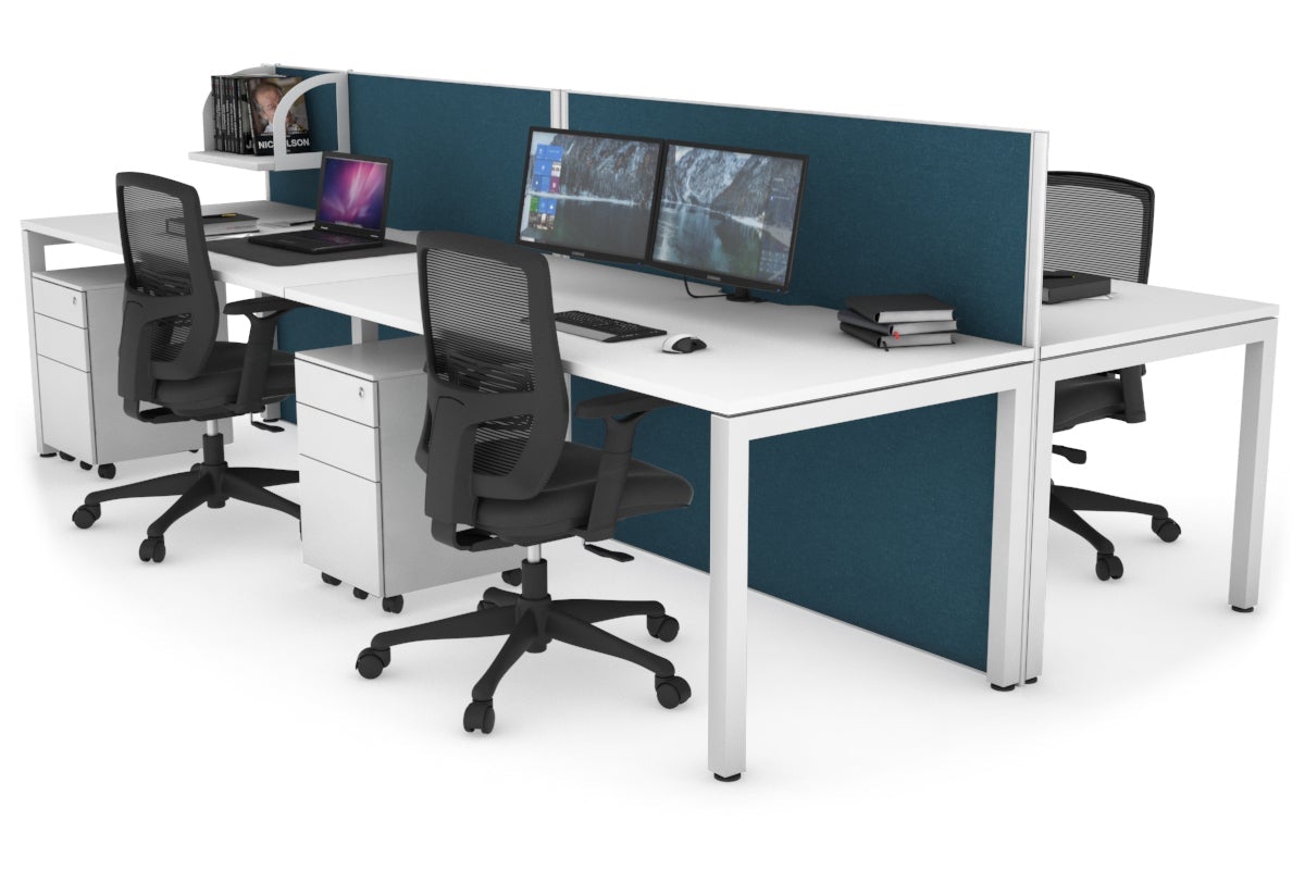 Horizon Quadro 4 Person Bench Square Leg Office Workstations [1200L x 800W with Cable Scallop] Jasonl white leg white deep blue (1200H x 2400W)