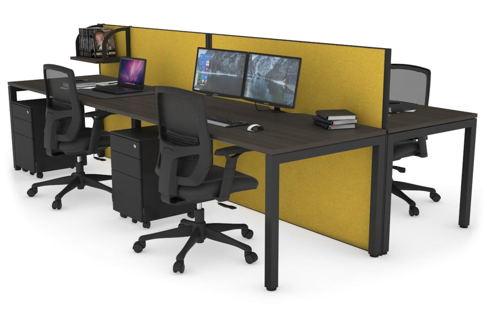 Horizon Quadro 4 Person Bench Square Legs Office Workstation [1200L x 800W with Cable Scallop]-black leg dark oak mustard yellow (1200H x 2400W)