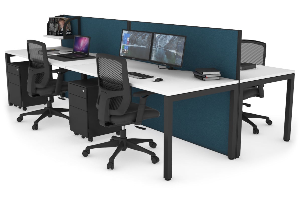 Horizon Quadro 4 Person Bench Square Leg Office Workstations [1200L x 800W with Cable Scallop] Jasonl black leg white deep blue (1200H x 2400W)
