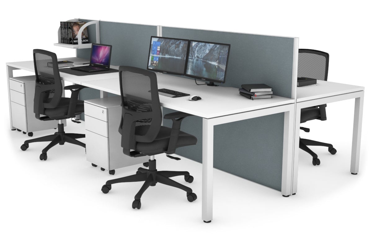 Horizon Quadro 4 Person Bench Square Leg Office Workstations [1200L x 800W with Cable Scallop] Jasonl white leg white cool grey (1200H x 2400W)