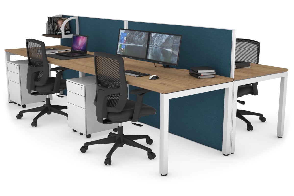 Horizon Quadro 4 Person Bench Square Leg Office Workstations [1400L x 800W with Cable Scallop] Jasonl white leg salvage oak deep blue (1200H x 2800W)