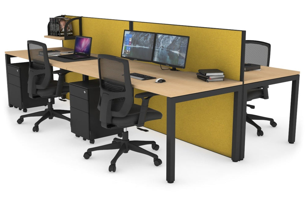 Horizon Quadro 4 Person Bench Square Legs Office Workstation [1400L x 800W with Cable Scallop]-black leg maple mustard yellow (1200H x 2800W)