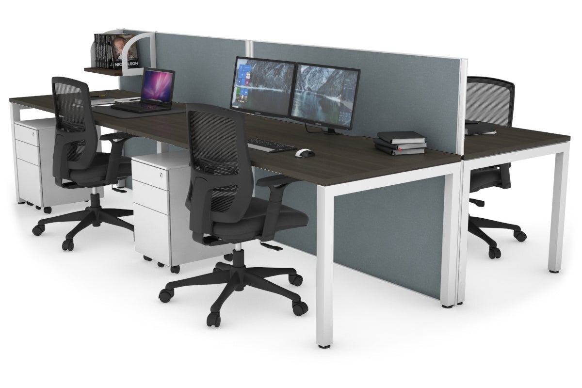 Horizon Quadro 4 Person Bench Square Leg Office Workstations [1400L x 800W with Cable Scallop] Jasonl white leg dark oak cool grey (1200H x 2800W)