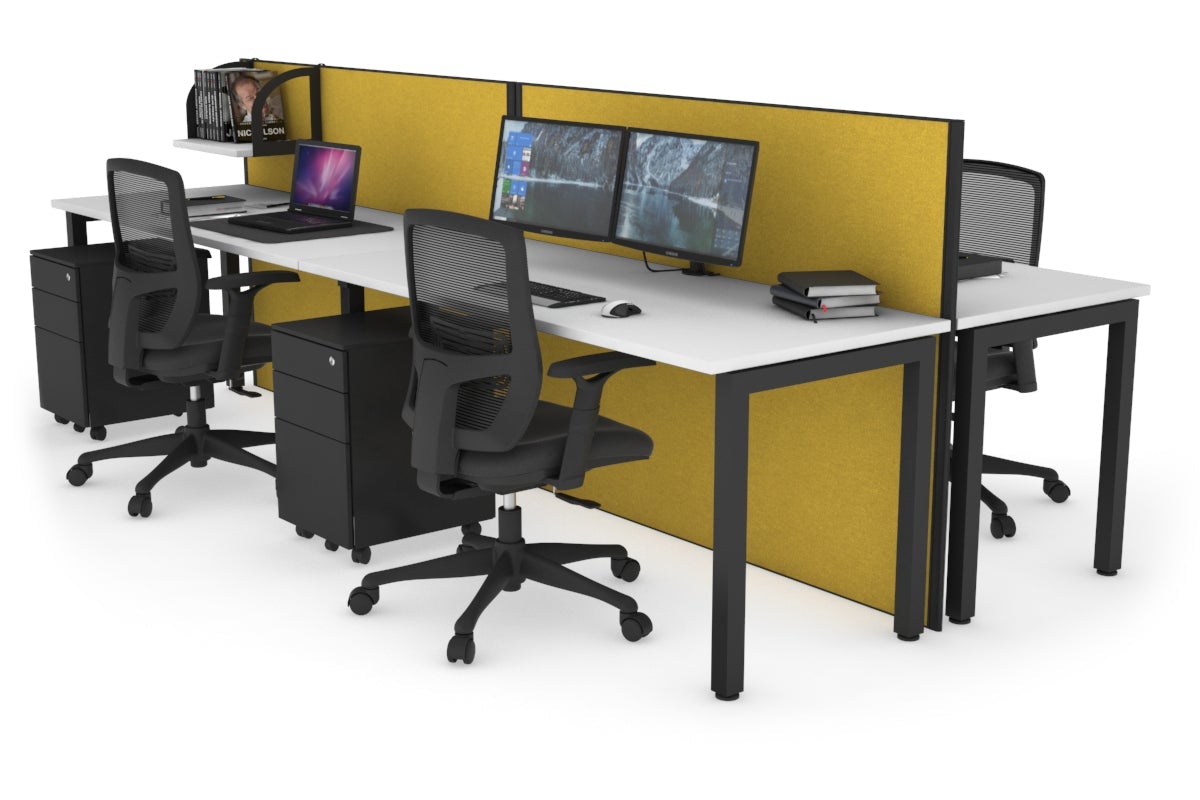 Horizon Quadro 4 Person Bench Square Leg Office Workstations [1600L x 700W] Jasonl black leg white mustard yellow (1200H x 3200W)