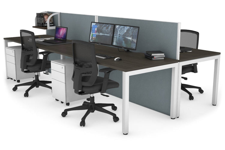 Horizon Quadro 4 Person Bench Square Leg Office Workstations [1600L x 800W with Cable Scallop] Jasonl white leg dark oak cool grey (1200H x 3200W)