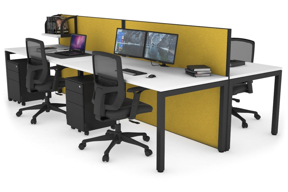 Horizon Quadro 4 Person Bench Square Legs Office Workstation [1600L x 800W with Cable Scallop]-black leg white mustard yellow (1200H x 3200W)