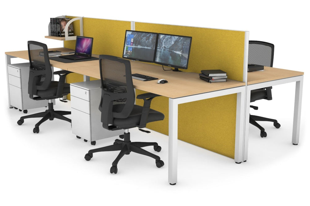Horizon Quadro 4 Person Bench Square Legs Office Workstation [1600L x 800W with Cable Scallop]-white leg maple mustard yellow (1200H x 3200W)