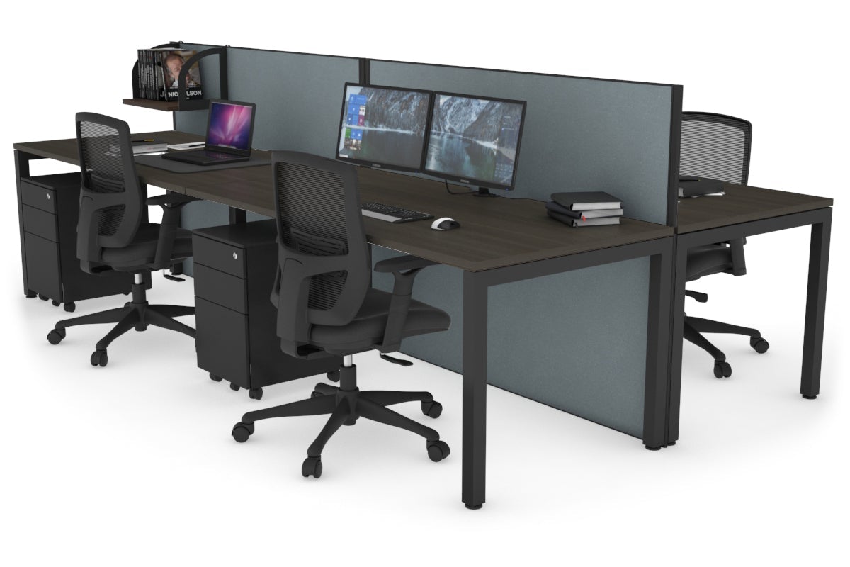 Horizon Quadro 4 Person Bench Square Leg Office Workstations [1600L x 800W with Cable Scallop] Jasonl black leg dark oak cool grey (1200H x 3200W)