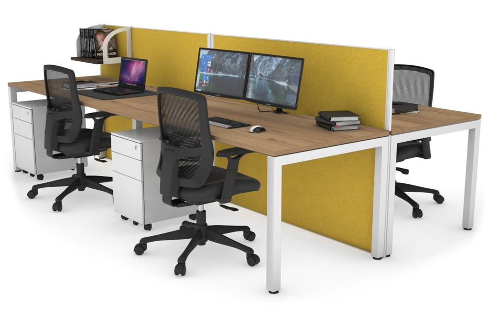 Horizon Quadro 4 Person Bench Square Legs Office Workstation [1600L x 800W with Cable Scallop]-white leg salvage oak mustard yellow (1200H x 3200W)
