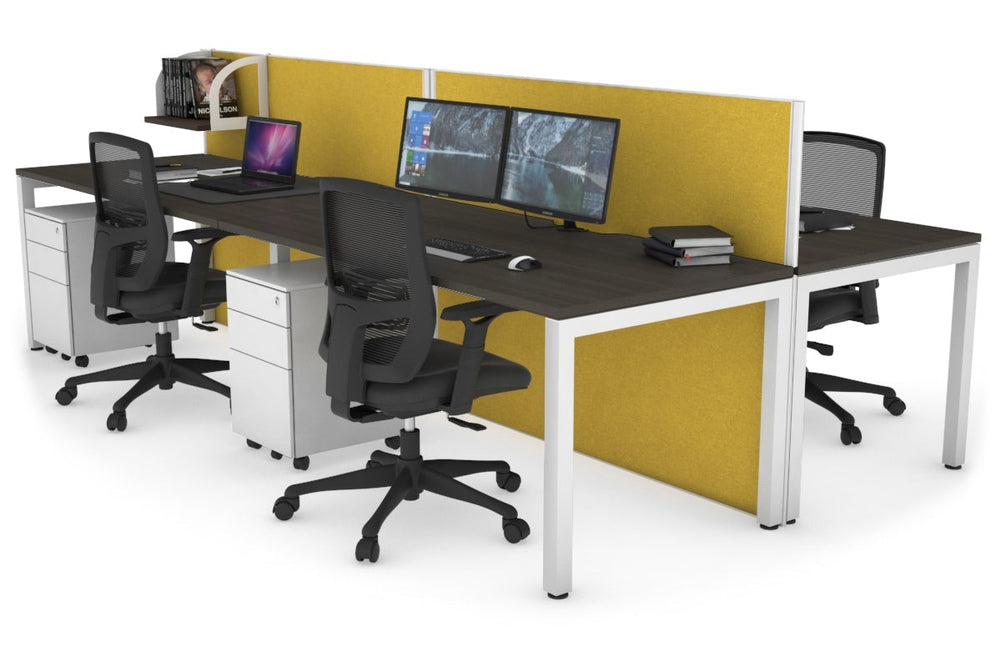 Horizon Quadro 4 Person Bench Square Legs Office Workstation [1800L x 800W with Cable Scallop]-white leg dark oak mustard yellow (1200H x 3600W)