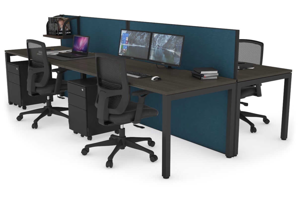 Horizon Quadro 4 Person Bench Square Leg Office Workstations [1800L x 800W with Cable Scallop] Jasonl black leg dark oak deep blue (1200H x 3600W)