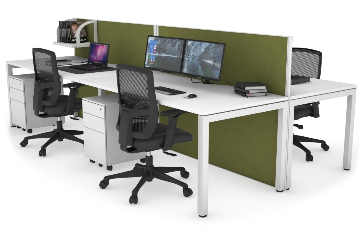 Horizon Quadro 4 Person Bench Square Leg Office Workstations [1800L x 800W with Cable Scallop] Jasonl white leg white green moss (1200H x 3600W)