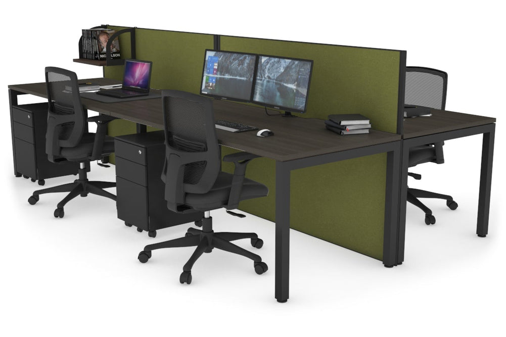 Horizon Quadro 4 Person Bench Square Legs Office Workstation [1800L x 800W with Cable Scallop]-black leg dark oak green moss (1200H x 3600W)