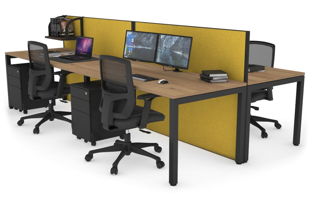 Horizon Quadro 4 Person Bench Square Legs Office Workstation [1800L x 800W with Cable Scallop]-black leg salvage oak mustard yellow (1200H x 3600W)